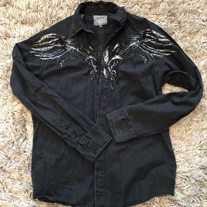Roar buckle black distressed button up shirt